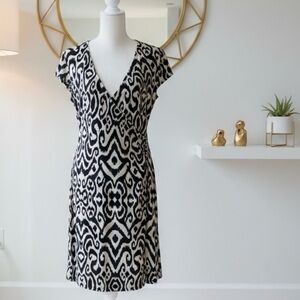 Jones New York| Signature ‘Ikat’ Black & Tan Faux Wrap Midi Dress Sz M